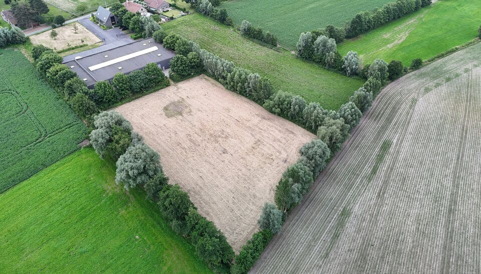 Ruime bedrijfssite met nieuwbouw kantoorgebouw, achterliggende loods van circa 1.680 m&sup2; en aansluitend weiland.
Vooraan aan de straat bevindt zich een recent en luxueus kantoorgebouw met ca. 160 m&sup2; bebouwde oppervlakte, bestaande uit gelijkvloers, eerst