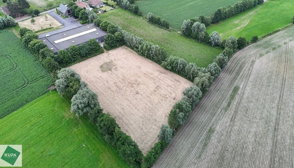Ruime bedrijfssite met nieuwbouw kantoorgebouw, achterliggende loods van circa 1.680 m&sup2; en aansluitend weiland.
Vooraan aan de straat bevindt zich een recent en luxueus kantoorgebouw met ca. 160 m&sup2; bebouwde oppervlakte, bestaande uit gelijkvloers, eerst